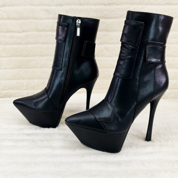 Kinder Pointy Toe Platform Stiletto Heel Ankle Boots Black Vegan Leather - Picture 4 of 9
